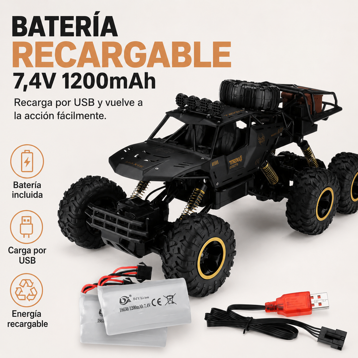 Imponente camión Monster RC todoterreno escala 1/12, con 6 ruedas para máxima diversión.