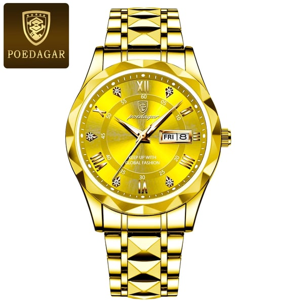 Reloj de hombre, cuarzo japonés. Estilo elegante con detalles dorados y esfera negra. Accesorio premium.