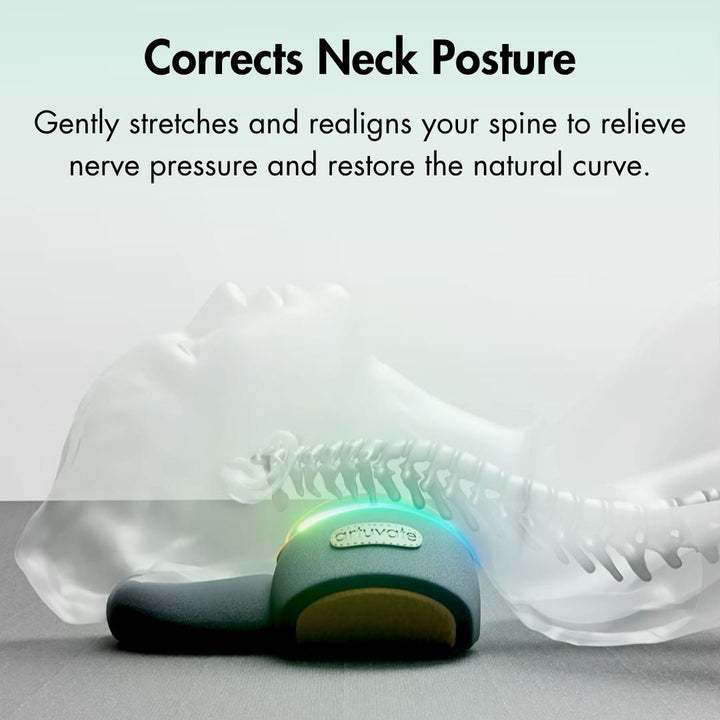 Dispositivo masajeador cervical ergonómico y unisex con funciones de tracción, vibración y calor para el cuello.