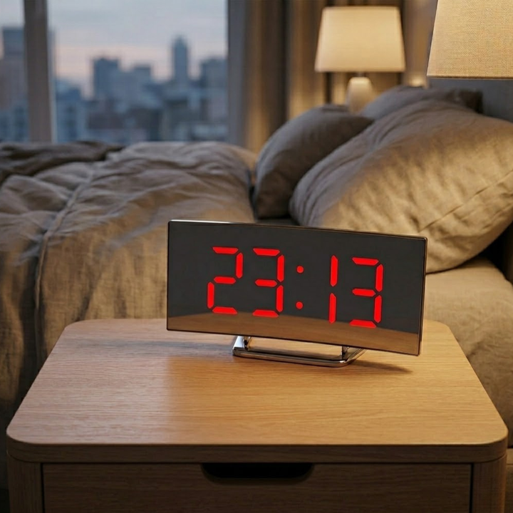 Reloj despertador digital LED curvado moderno con números grandes para mesita de noche.