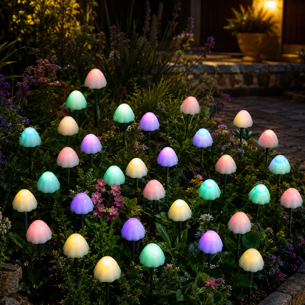 Luces solares de hongo para fiestas, brindan iluminación cálida y festiva.