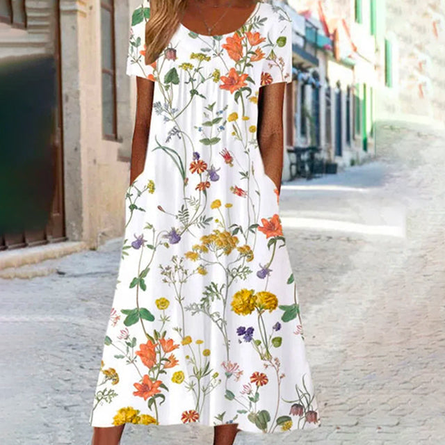 Vestido largo floral fluido de verano para mujer, manga corta. Ideal para playa, casual o fiesta de día.