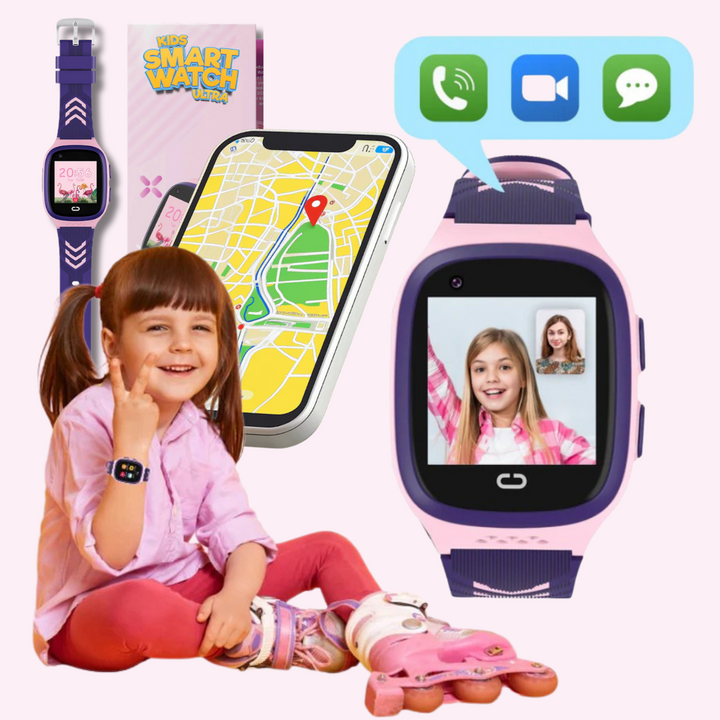 Reloj inteligente rosa para niñas con localizador GPS, llamadas y diseño infantil.