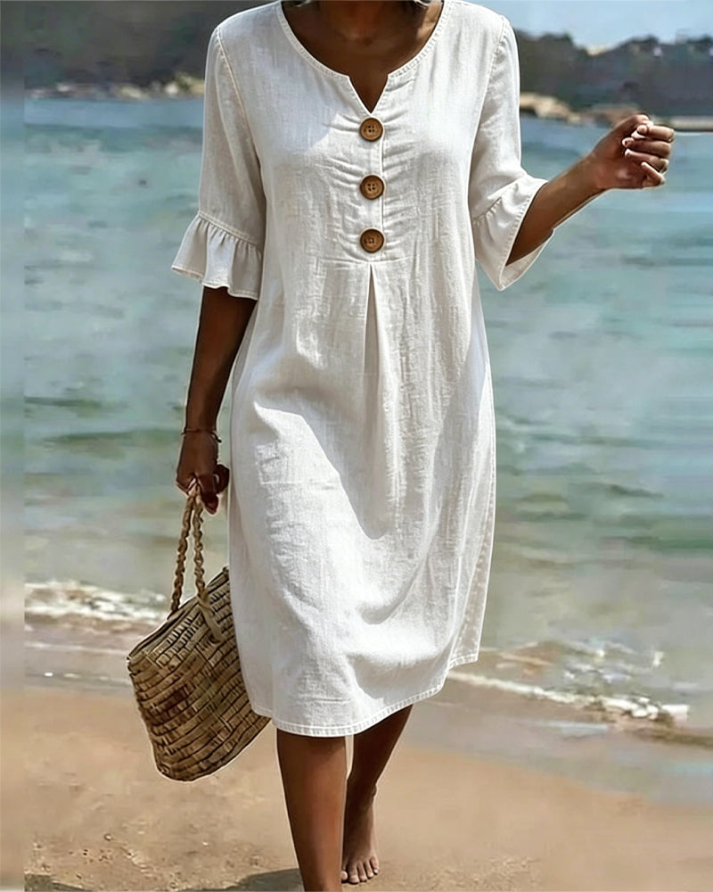 Vestido casual de mujer, estilo fluido y veraniego, con detalles de mangas acampanadas. Confort y moda.