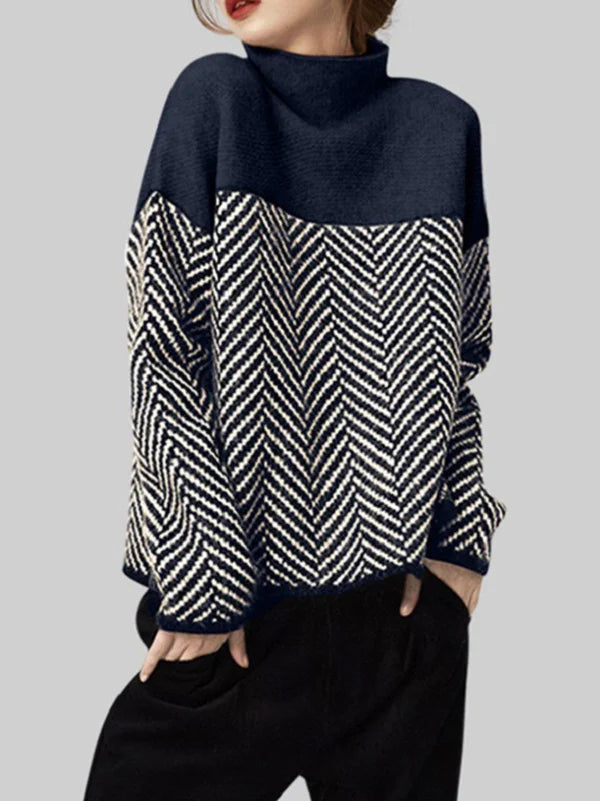 Suéter de algodón bicolor de cuello alto para mujer. Prenda versátil de moda casual y sofisticada para invierno.