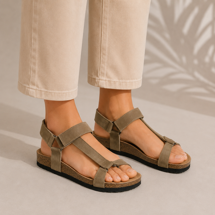 Sandalias beige de hombre ajustables, perfectas para el verano. Calzado casual ligero con estilo barefoot.