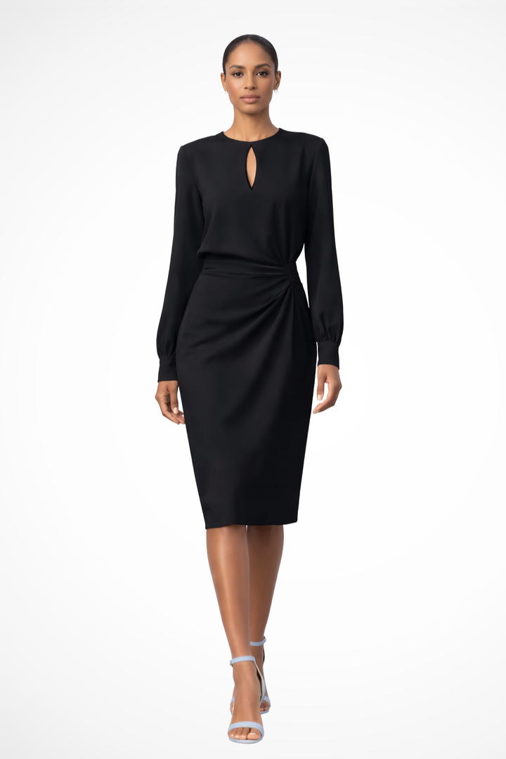 Vestido midi formal negro de manga larga para mujer, ideal para eventos especiales y fiestas elegantes.