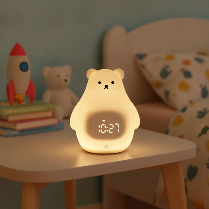 Despertador infantil de oso polar con luz LED suave, ideal para la mesita de noche de los niños.