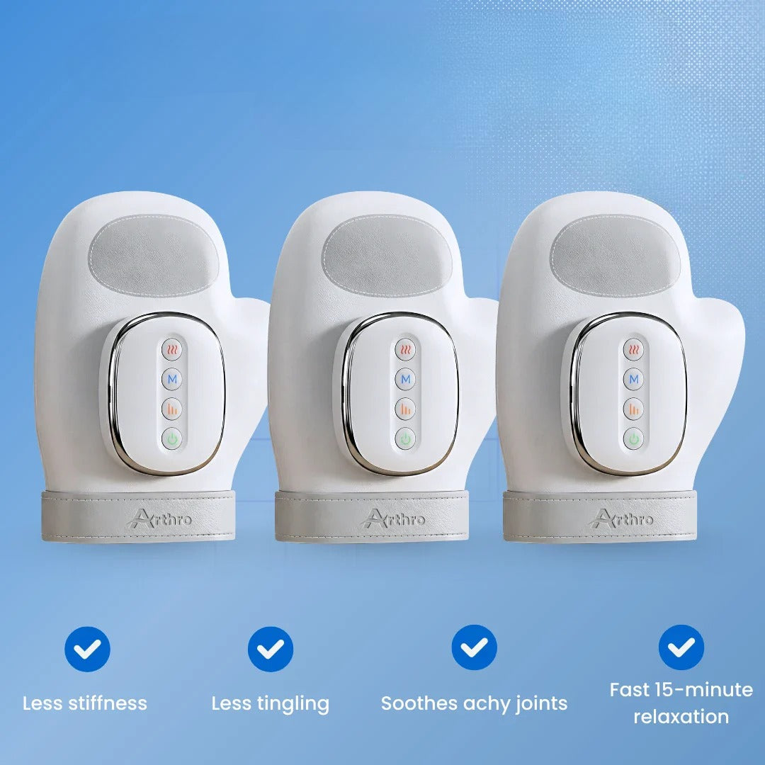 Masajeador de manos recargable con terapia de calor y compresión inteligente para relajación.