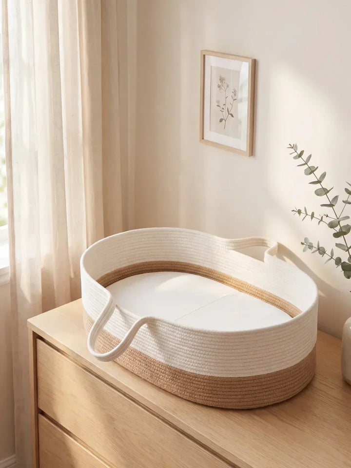 Decoración nursery: cesta cambiador rose poudré/ecru de algodón tejido, forma ovalada y útil.