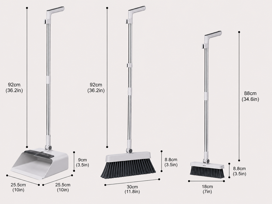 Set de limpieza ergonómico: escoba, recogedor y cepillo para comodidad y eficacia en el hogar.