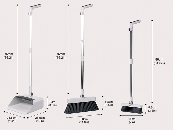 Set de limpieza ergonómico: escoba, recogedor y cepillo para comodidad y eficacia en el hogar.