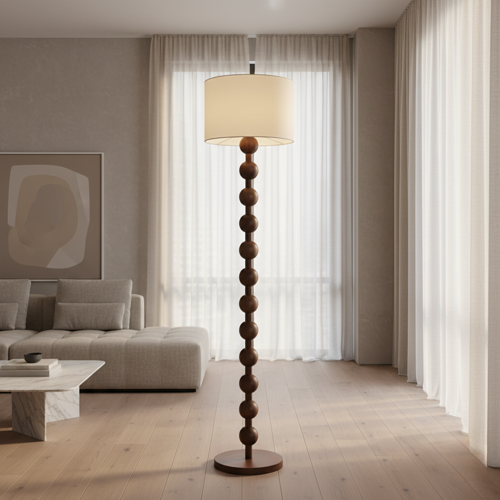 Lámpara de pie de madera con esferas, luz perfecta para rincón de lectura, estilo moderno y cálido.