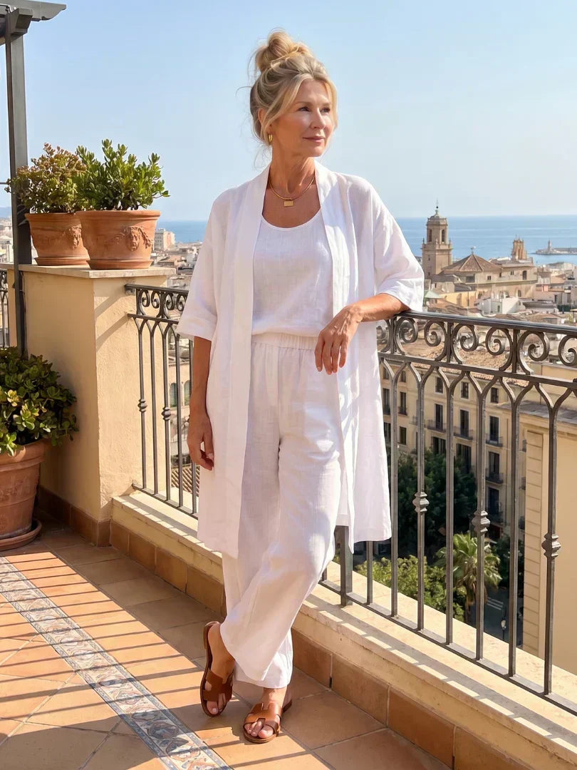Conjunto de tres piezas para mujer: pantalón ancho, top y kimono. Ideal para vacaciones y playa.