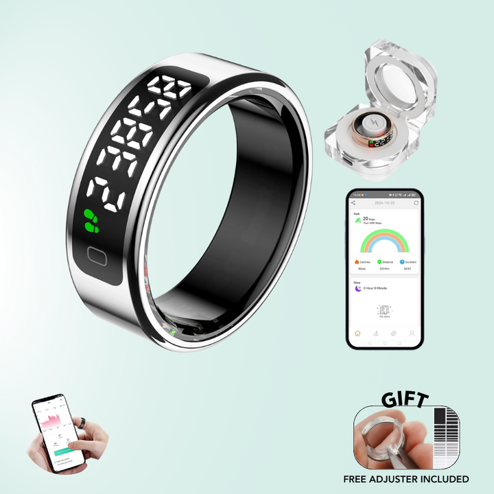 Anillo inteligente unisex plateado monitoriza sueño y energía. Wearable discreto de salud y bienestar.