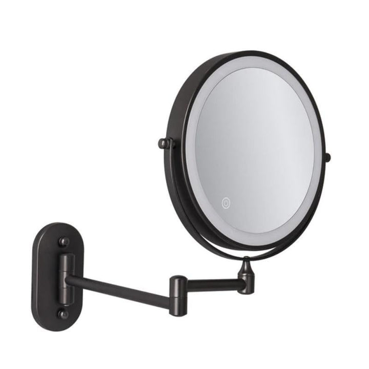 Detalle del espejo de aumento LED negro recargable, mostrando su luz brillante para aplicaciones cosméticas.