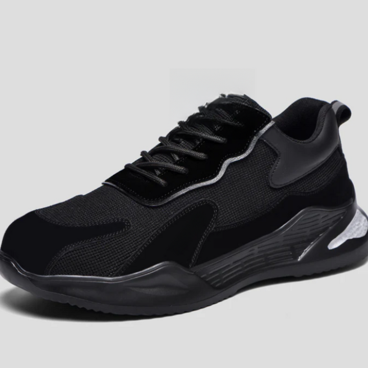 Zapatillas de seguridad frontales negras, calzado de protección antideslizante, diseño urbano unisex para trabajo.