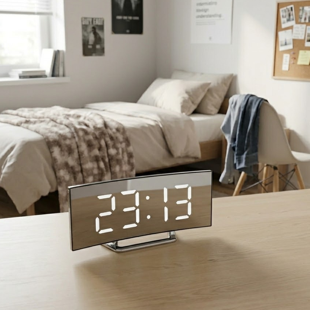 Elegante reloj despertador digital LED curvado para el hogar, con diseño minimalista.