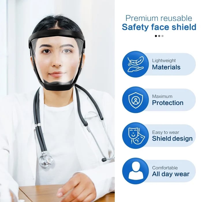 Pantalla de seguridad transparente con diadema ergonómica para uso prolongado.