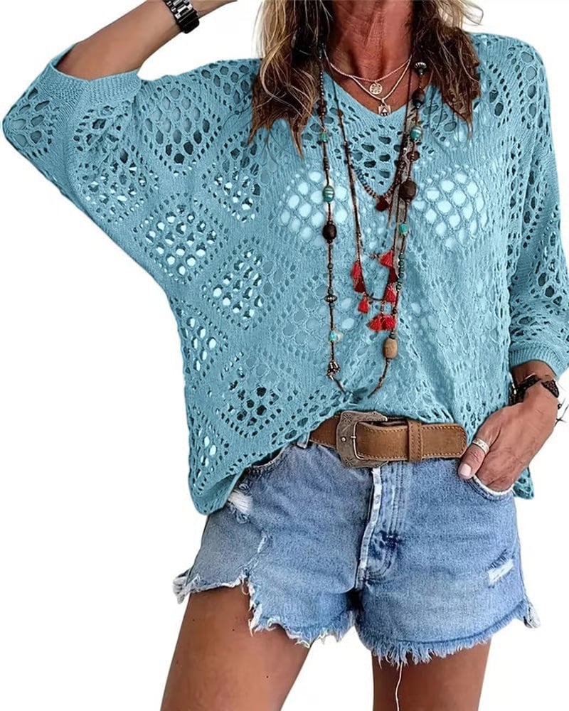 Moda casual de mujer: suéter ligero y transpirable, estilo bohemio chic para primavera/verano.