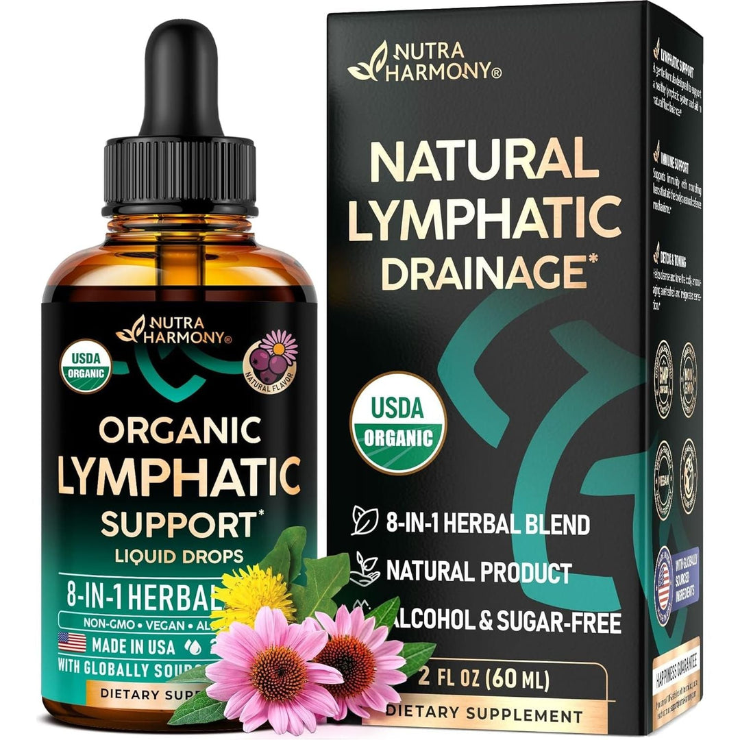 Botella de gotas líquidas linfáticas, suplemento herbal orgánico para apoyar la salud y circulación.