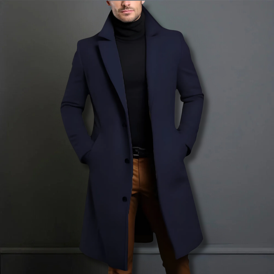 Gabardina de hombre estilo casual-elegante, abrigo largo. Perfecta para el día a día en invierno. Moda masculina versátil.