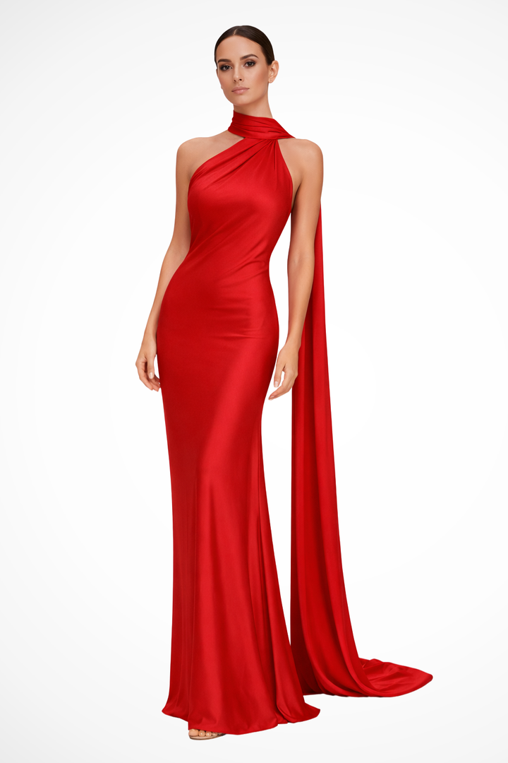 Vestido largo y fluido para mujer, diseño halter sin mangas, muy cómodo y chic.