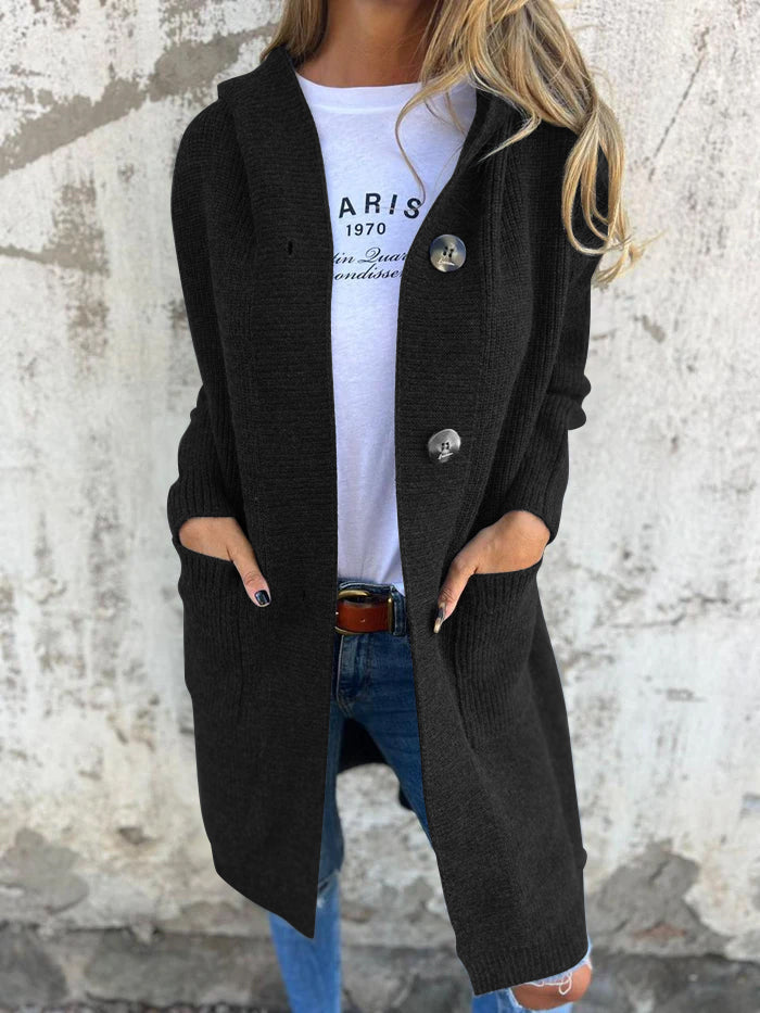 Abrigo de punto largo con capucha y bolsillos para mujer, moda de invierno casual y elegante, muy versátil.