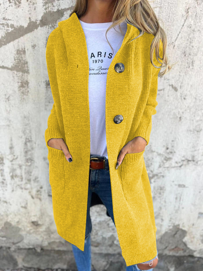 Cárdigan largo de punto con capucha para mujer, estilo casual y cómodo con bolsillos, ideal para el día a día.
