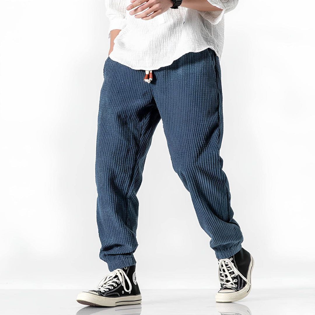 Pantalones casuales azul oscuro para hombre. Diseño moderno, perfectos para un look cómodo y elegante en cualquier ocasión.
