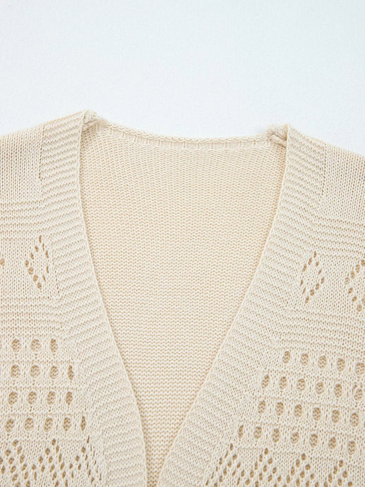 Elegante cárdigan boho de punto calado para mujer, muy cómodo y perfecto para el verano.