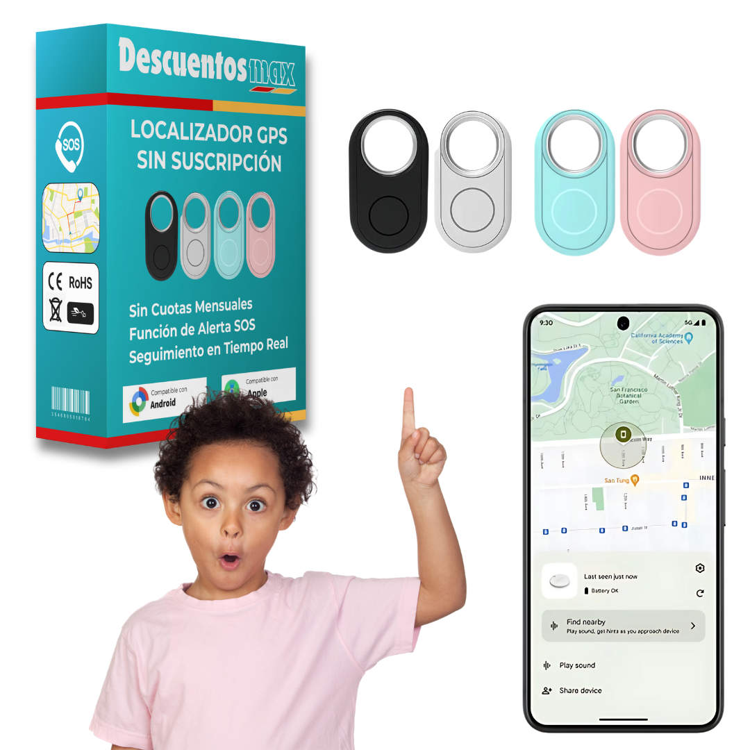 Localizador GPS infantil compacto y ligero para niños. Rastreador de seguridad sin suscripción ni cuotas.