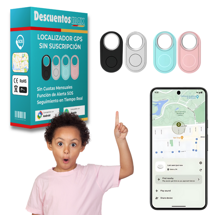 Localizador GPS infantil compacto y ligero para niños. Rastreador de seguridad sin suscripción ni cuotas.