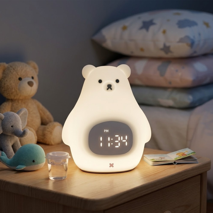 Luz nocturna de oso polar para niños, con función de reloj despertador LED, recargable USB.