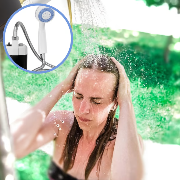 Ducha compacta para mochileros y viajeros, sistema de agua portátil esencial para camping y exterior.