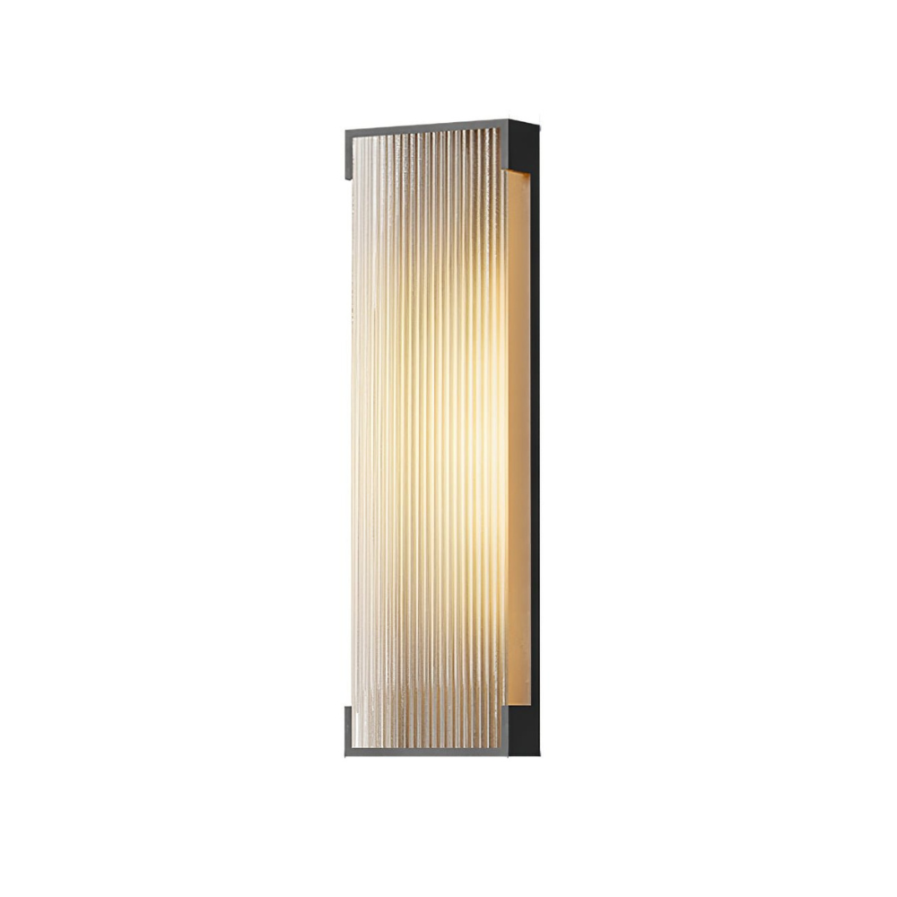 Luz de pared LED regulable, acero inoxidable, diseño moderno para espacios exteriores.