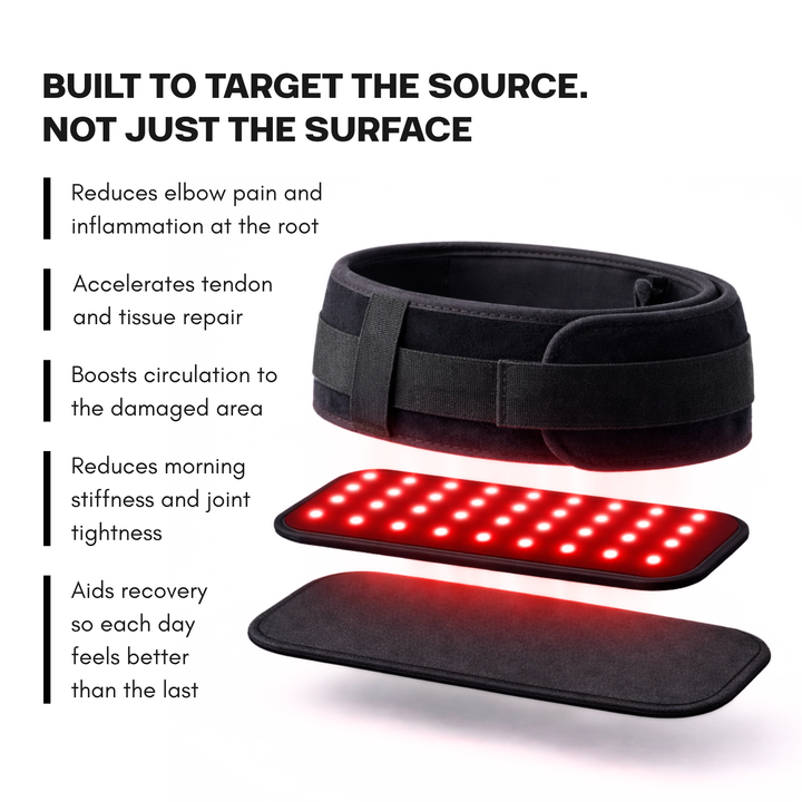 Hombre usando envoltura de codo con luz roja para alivio del dolor y recuperación muscular.
