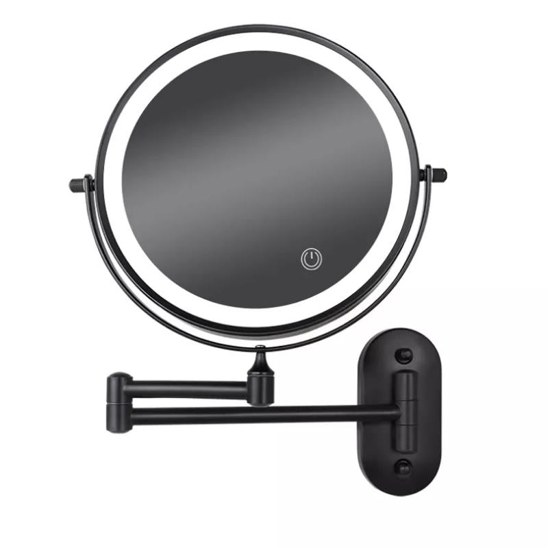 Espejo de tocador negro con aumento para maquillaje preciso, iluminación LED regulable y carga USB-C.