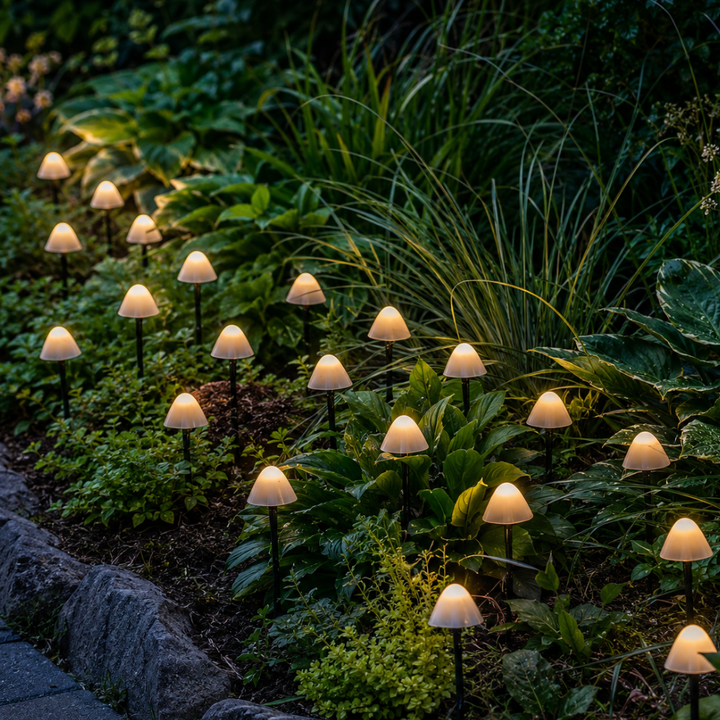 Luces LED solares de hongo impermeables para fiestas en el jardín.