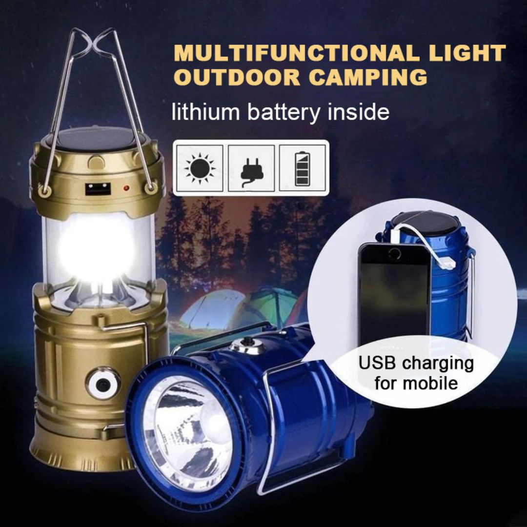 Luz LED de camping portátil, ideal para exterior y emergencia, con batería recargable.