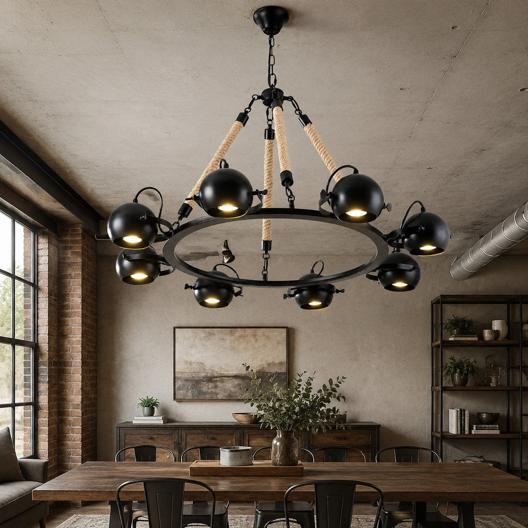 Lámpara de cuerda estilo loft industrial para iluminación comedor. Aporta un toque rústico y elegante.
