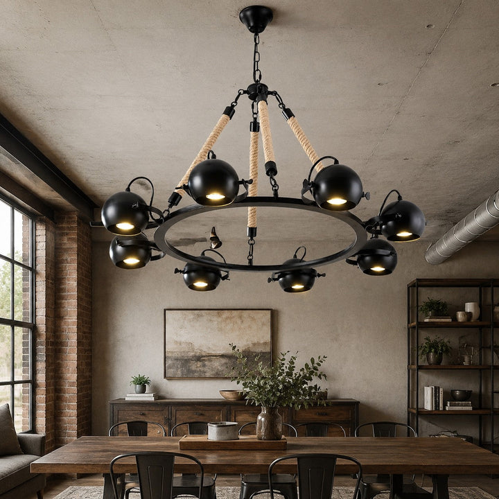 Lámpara de cuerda estilo loft industrial para iluminación comedor. Aporta un toque rústico y elegante.