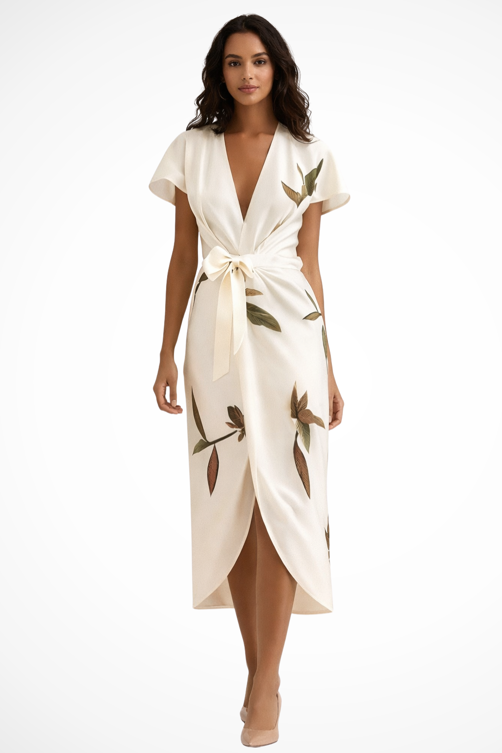 Vestido midi cruzado elegante para mujer, ideal para verano y fiestas.