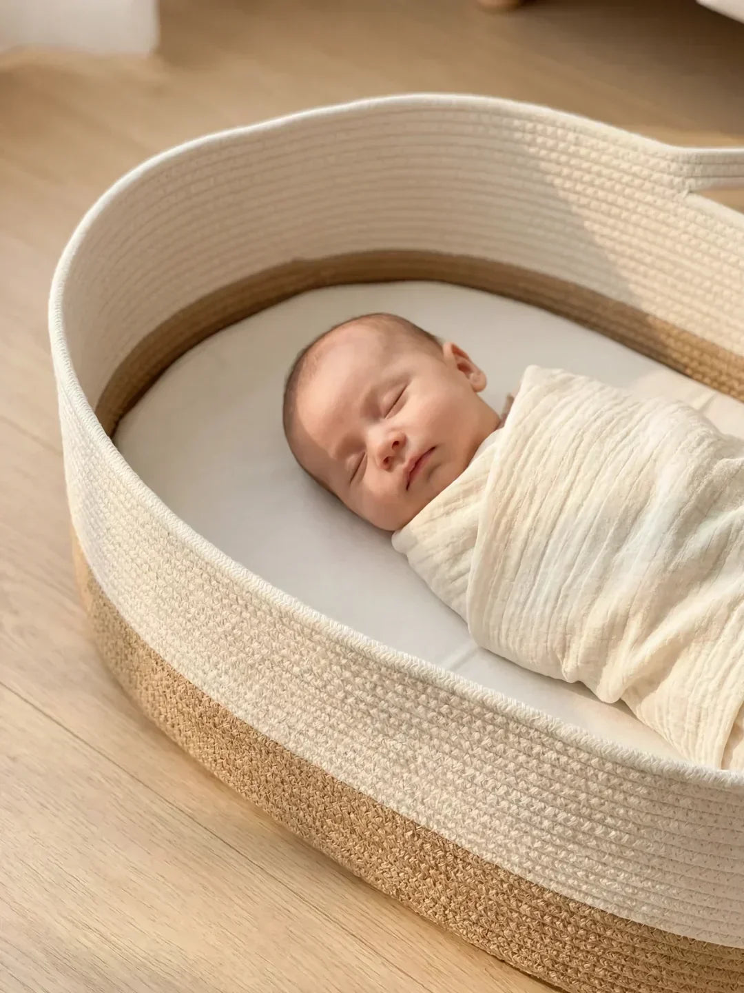Cesta cambiador bebé tejida ovalada bicolor gris perle/ecru con colchoneta, ideal guardería.
