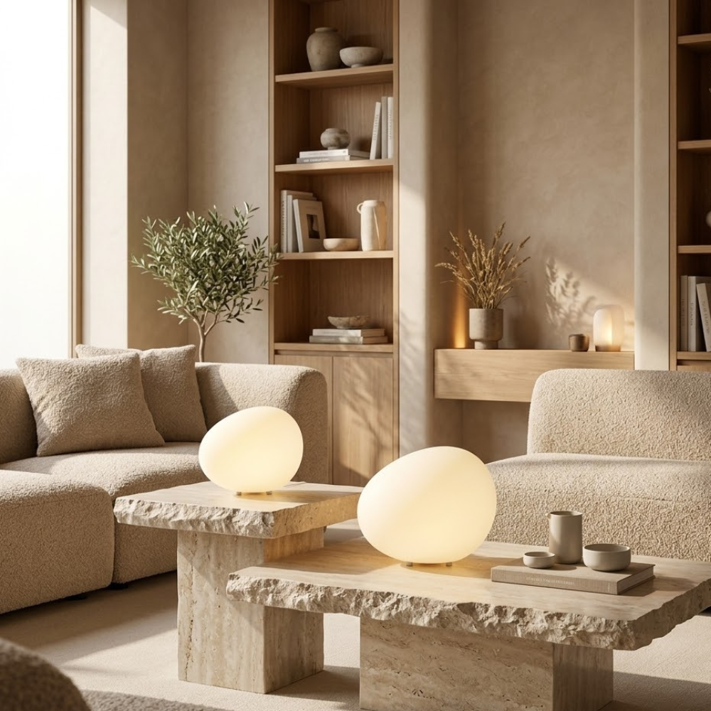 Lámpara de mesa minimalista 'Pebble' LED. Decoración moderna para salón con luz ambiental.