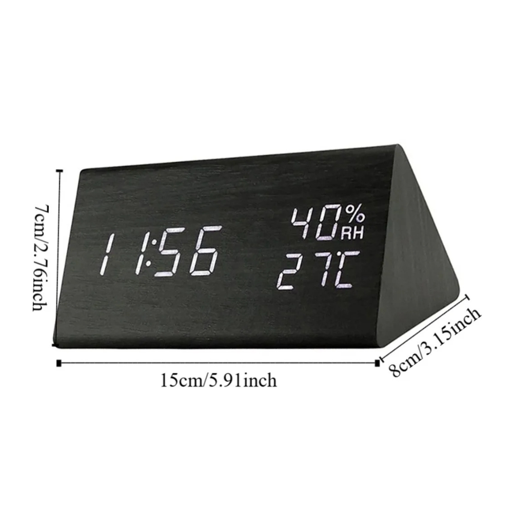 Reloj de mesa digital moderno, con sensor de temperatura y humedad integrados.