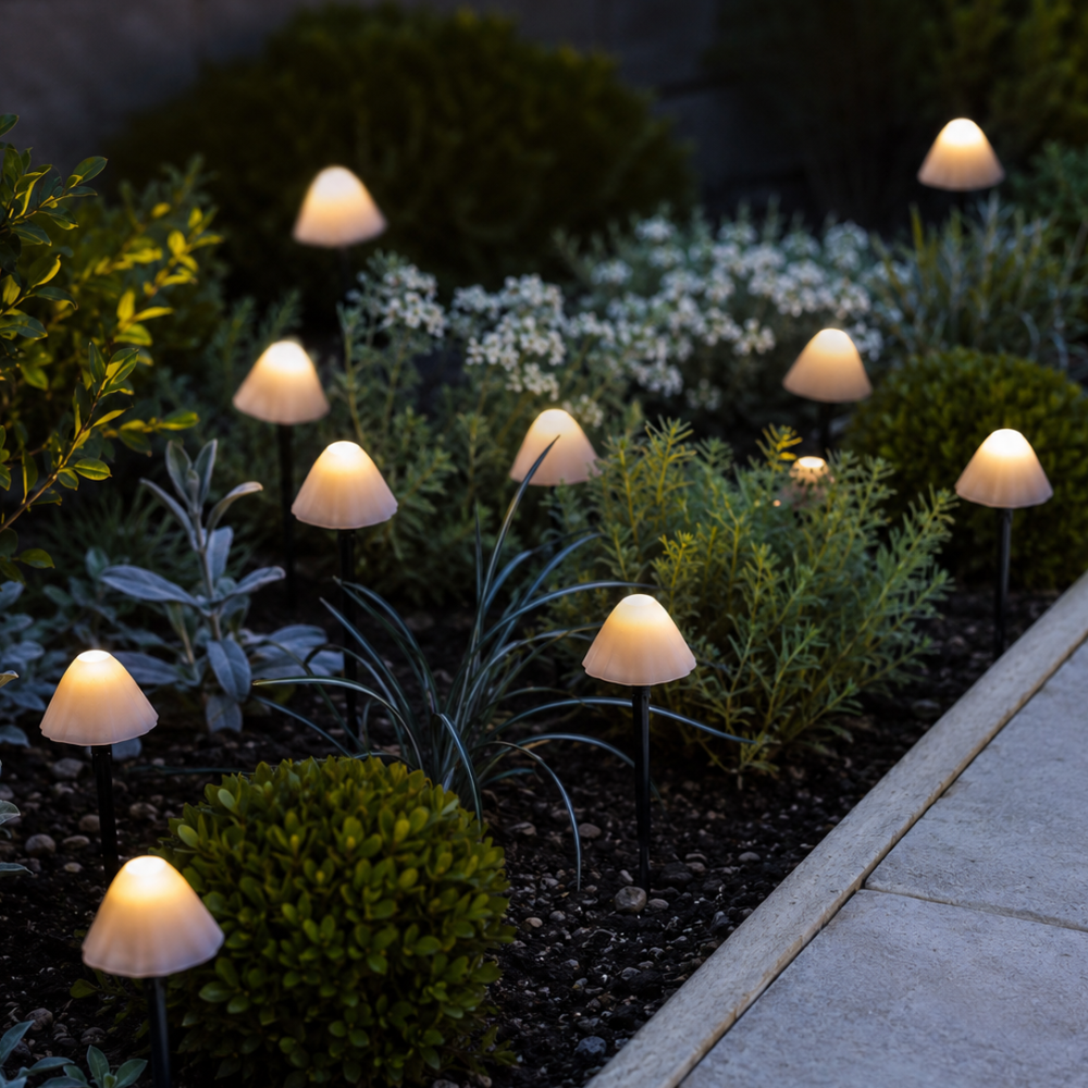 Luces solares LED de hongo, ideales para decorar jardines y patios.
