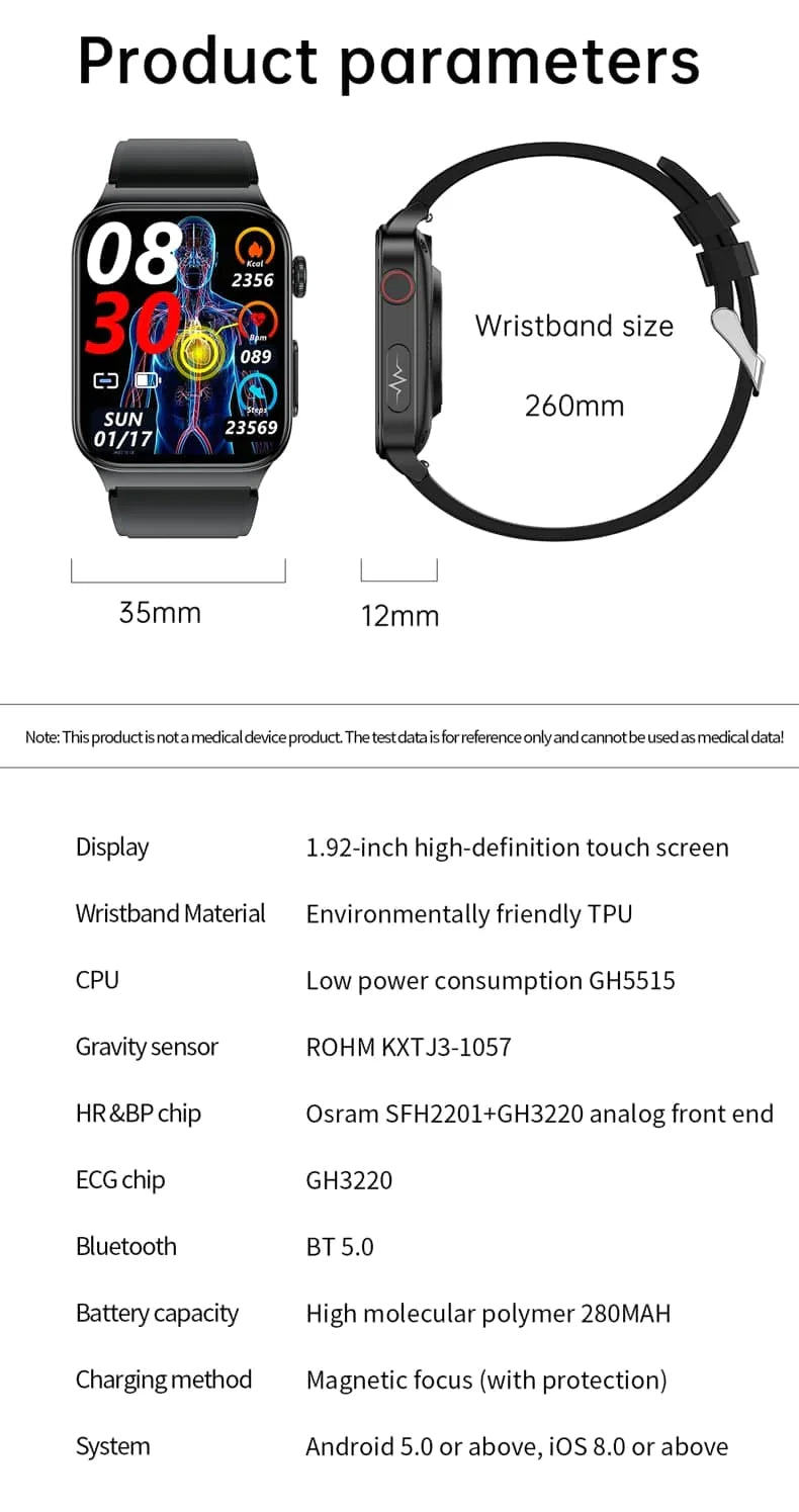 Mantén tu bienestar con reloj inteligente unisex: ECG, glucosa, fitness y resistencia al agua.