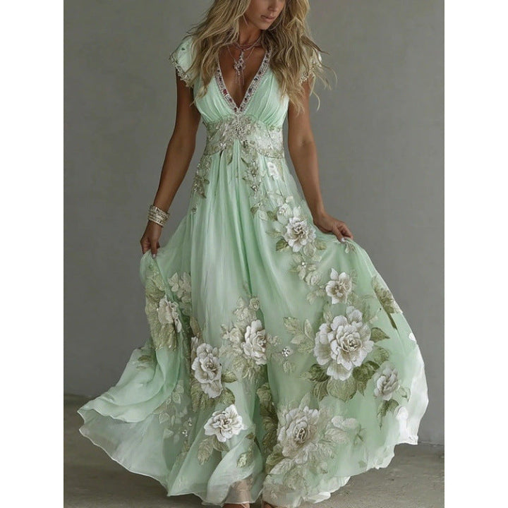Detalle de encaje bordado en vestido largo de chiffon para mujer, perfecto para eventos de verano y ceremonias.