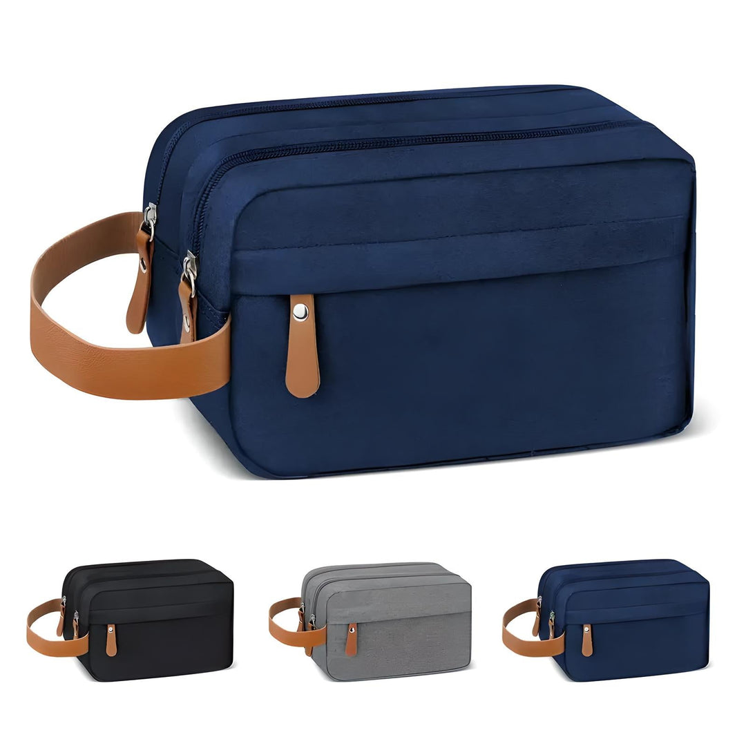 Neceser delgado y moderno para hombre. Estilo minimalista, organizador de viaje para aseo personal y accesorios.